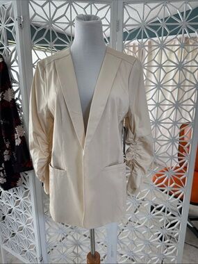 Skies Are Blue Cream Open-Front Blazer with Ruched Sleeves
